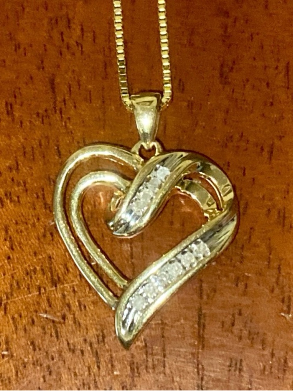 10K Solid Yellow Gold Diamond Ribbon Heart Pendant with Diamond Accents. - Picture 10 of 16